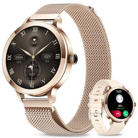 niolina Smart Watches for Women, 1.106" AMOLED Small Screen Smartwatch Answer/Make Call for Android iOS Phones, IP68 Waterproof Fitness Activity Tracker with 100+ Sports, Heat Rate, SpO2, Rose Gold niolina