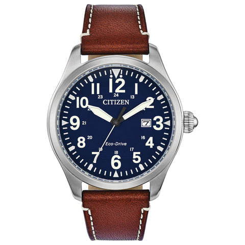 Citizen Men's Eco-Drive Weekender Garrison Field Watch in Stainless Steel with Brown Leather strap, Blue Dial (Model: BM6838-17L) Citizen