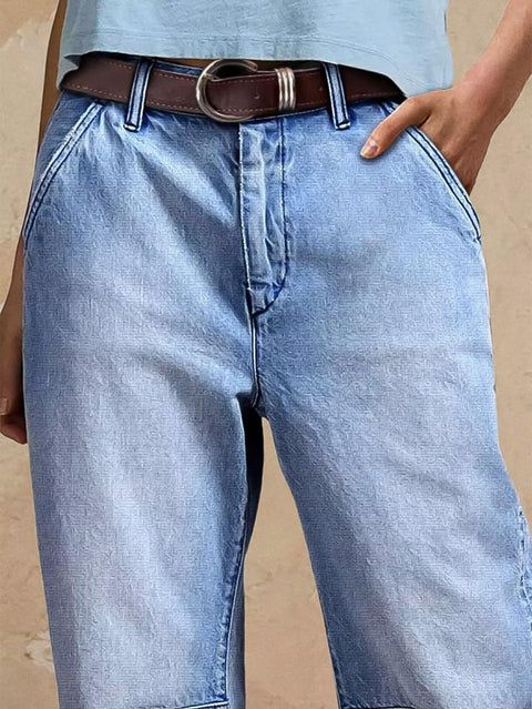Flamingals Straight Leg Cropped Jeans for Women Barrel Casual Mid Rise Wash Stitch Detail Denim Jeans Without Belt Light Blue L
