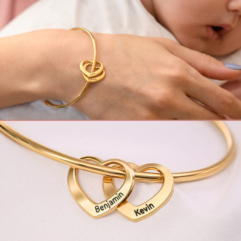 MyNameNecklace MYKA - Personalized Bracelet Bangle with Heart Pendants - Custom Made Multiple Pendant Jewelry Wife Women Christmas Gift (Gold Plated Sterling Silver) MyNameNecklace