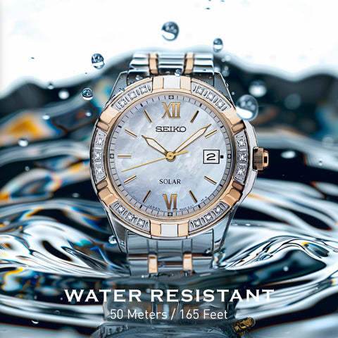 SEIKO SUT068 Watch for Women - Diamond Collection - with 18 Diamond Accents, Solar Power, Mother-of-Pearl Dial, Two-Tone Rose Gold Stainless Steel Case & Bracelet, and Water-Resistant to 50m SEIKO