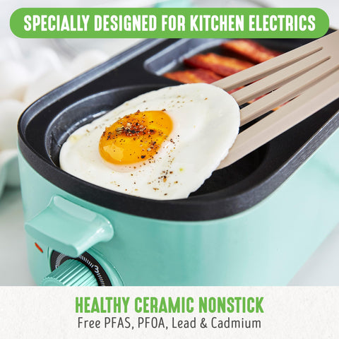 GreenLife 3-in-1 Breakfast Station, Ceramic Nonstick PFAS-Free Dual Griddles for Eggs Meat Pancakes & Sandwiches + 2-Slice Toast Drawer, Healthy Cooking, Timer, Versatile Morning Meal Maker, Turquoise GreenLife