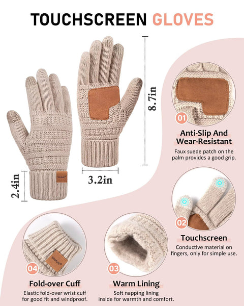 Womens Winter Beanie Hat Scarf Gloves Headband Set, Slouchy Beanie Ear Warmer with Fleece Lined Knit Neck Scarf Touchscreen Gloves, 4 Piece Warm Gifts Set for Mom Her Cold Weather(Oatmeal)