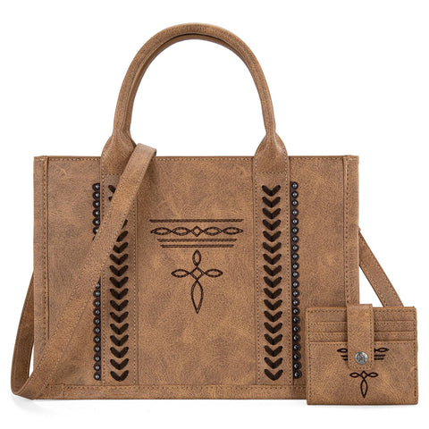 Montana West Longhorn Whipstitch Western Top Handle CC Pocket Tote Bag with Card Wallet Set Satchel Purse Vegan Leather Handbags Crossbody Bag for Women MW1124-H8120SWBR Montana West