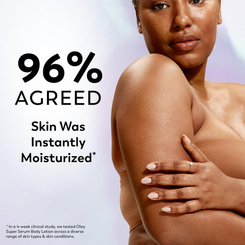 Olay Super Serum Hand & Body Lotion for Dry Skin, 24hr Long Lasting Hydration, 5+ Ingredient Serum Complex for Bright Even Firm Luminous Skin, Sweet Vanilla & Soft Wood Scent, 18.5 fl oz