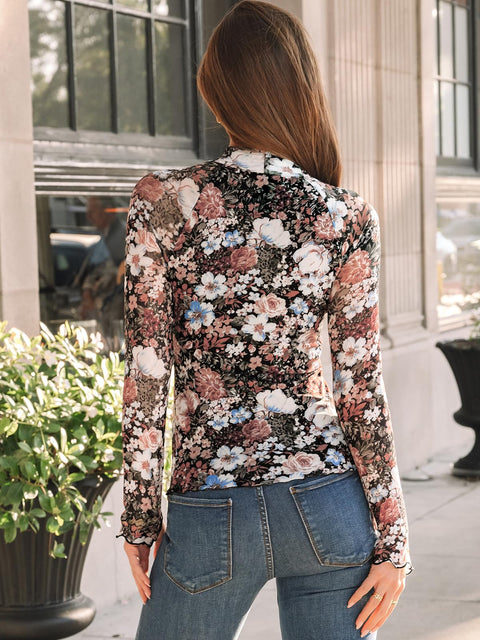 Dealmore Lace Sheer Long Sleeve Floral Mesh Mockneck Trendy Cute Going Out Tops for Women Fall Fashion Outfits 2025 Clothes Floral Fierce M