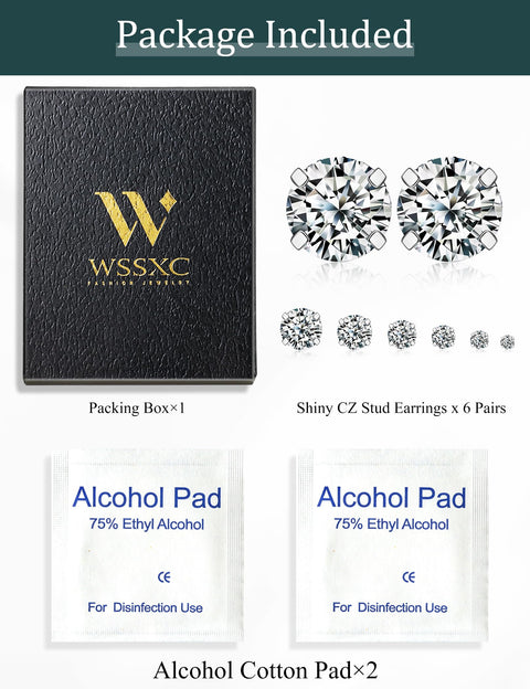 6 Pairs Stud Earrings Set, Hypoallergenic Cubic Zirconia 316L Earrings Stainless Steel CZ Earrings 3-8mm (Steel color) Wssxc