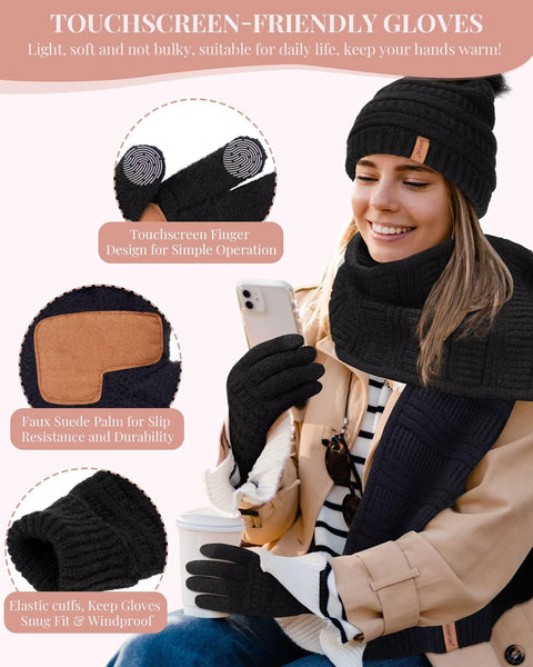Womens Winter Beanie Hat Scarf Gloves Set, Cute Pom Pom Beanie with Warm Fleece Lined Long Knit Neck Scarf Touchscreen Gloves, 3 Piece Set for Cold Weather(Black) SENPUKI
