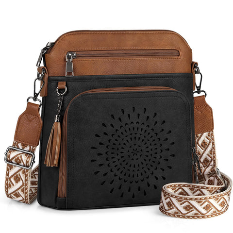 RAINSMORE Crossbody Bags for Women Leather Crossbody Purse Designer Womens Shouler Bags Handbags Trendy Medium Cross Body Purse Travel Work, black&brown