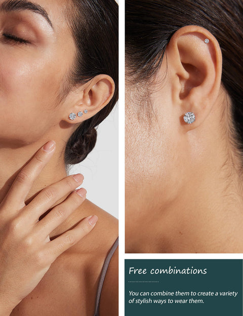 6 Pairs Stud Earrings Set, Hypoallergenic Cubic Zirconia 316L Earrings Stainless Steel CZ Earrings 3-8mm (Steel color) Wssxc