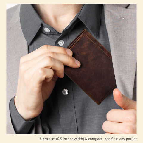 Real Leather Mens Trifold Wallet RFID Blocking Slim Minimalist Front Pocket - Thin & Stylish with ID Window in Gift Box