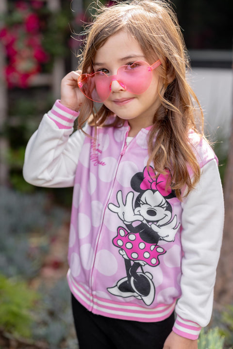 Disney Minnie Mouse Little Girls Jacket Varsity Bomber Letterman Baseball Kids Fall Clothes Polka Dot Lightweight Sweatshirt Colorblock Zip-up Coat 3T