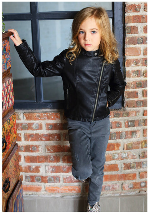 LJYH Girls Faux Leather Quilted Motorcycle Jackets Kids Spring Biker Coats Black 7/8yrs