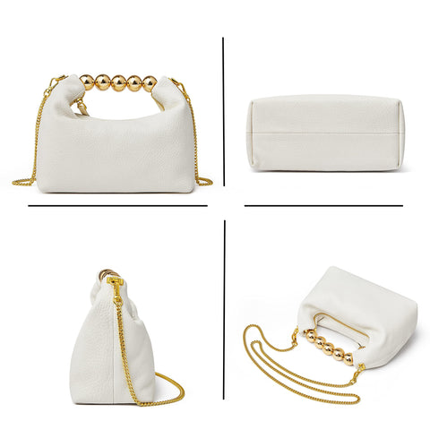 DORIS&JACKY Small Top Handle Clutch Bag Women Designer Goatskin Crossbody Purse With Pearl Handle And Detachable Metal Chain (White) DORIS&JACKY