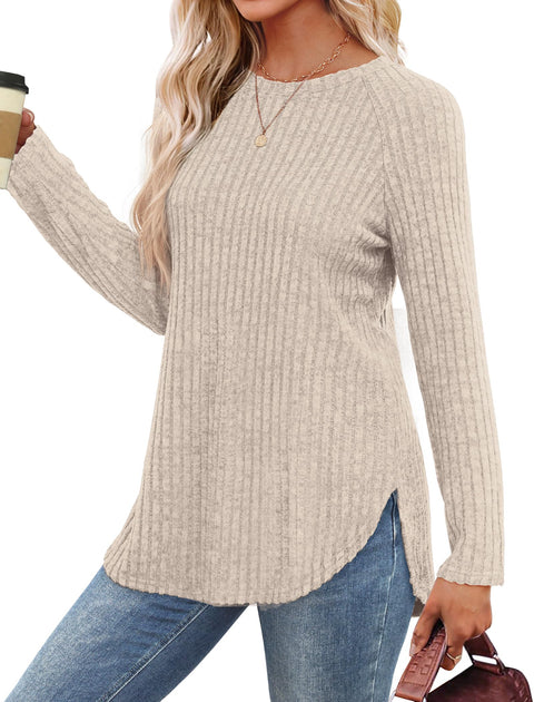 Saloogoe Long Sleeve Shirts for Women Tunic Tops Loose Dressy Casual Sweaters Fall Clothes 2025 Winter Clothing Khaki L