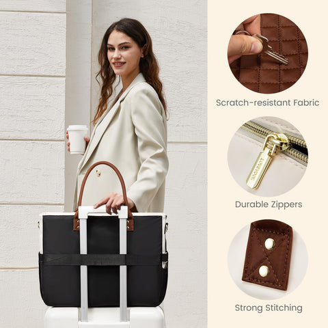 LOVEVOOK Teacher Tote Bag for Women Work, Laptop Bag With Large Cup Holder, Nurse Bags Professional Briefcase Business Computer Purses Handbag, Black-Beige-Brown, 15.6 Inch