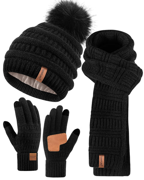 Womens Winter Beanie Hat Scarf Gloves Set, Cute Pom Pom Beanie with Warm Fleece Lined Long Knit Neck Scarf Touchscreen Gloves, 3 Piece Set for Cold Weather(Black) SENPUKI