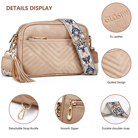 GLOSIW Quilted Crossbody Bags for Women Vegan Leather Shoulder Handbag Trendy Crossbody Purses with Adjustable Wide Strap（Light Brown） GLOSIW