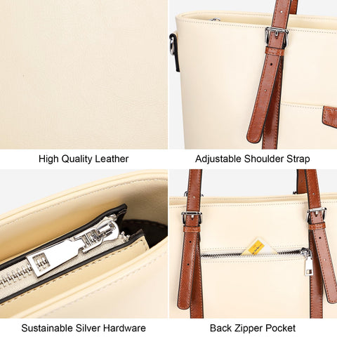 Over Earth Leather Tote Bag for Women Large Leather Handbags Shoulder Work Purses(O187E Beige/Brown) Over Earth