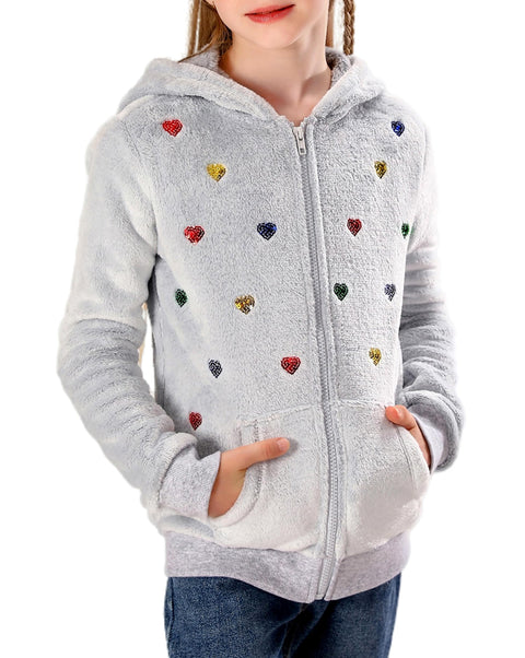 V.&GRIN Girl Zip up Hoodie Sweatshirt Soft Fuzzy Fleece Jacket with Pocket for Girls 5-16 Years(Gray Hearts 7-8)
