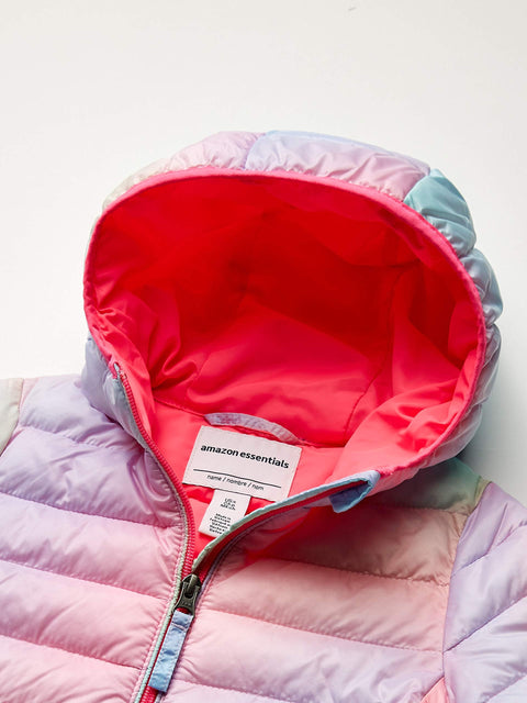 Amazon Essentials Girls' Lightweight Water-Resistant Packable Hooded Puffer Jacket, Pink Ombre, Small