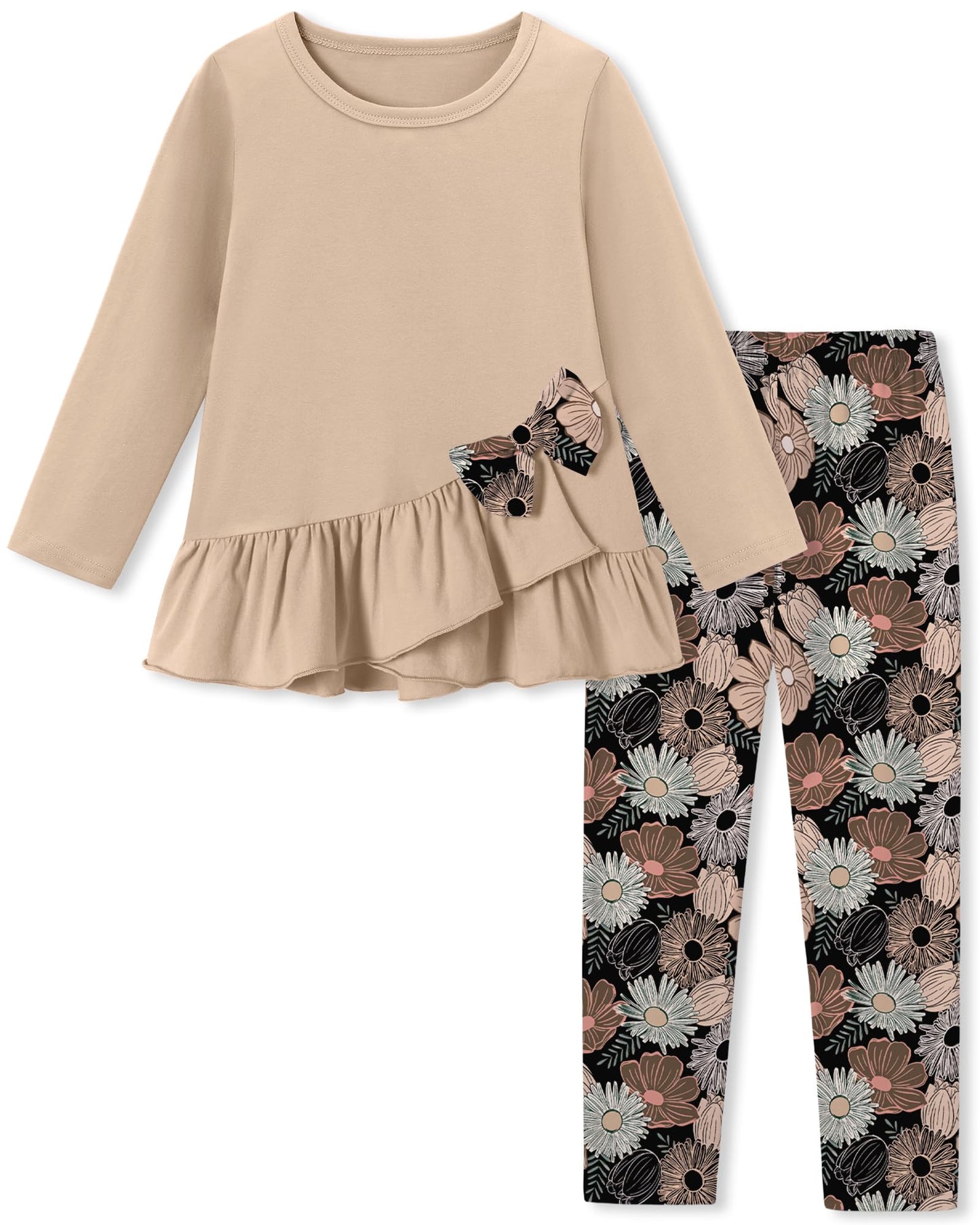 SOLOYEE Toddler Girl Clothes 5T 6T Girls Fall Winter Outfit, Long Sleeve Ruffle Bowknot Top + Floral Pants 2Pcs Clothing Set (Khaki, 5-6T)