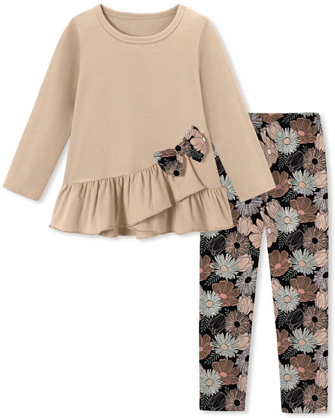 SOLOYEE Toddler Girl Clothes 5T 6T Girls Fall Winter Outfit, Long Sleeve Ruffle Bowknot Top + Floral Pants 2Pcs Clothing Set (Khaki, 5-6T)