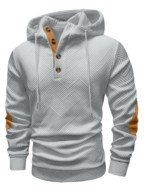 Mens Fashion Pullover Hoodies Long Sleeve Thermal Drawstring Button Texture Hooded Sweatshirt Grey