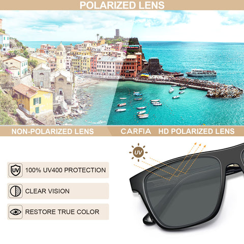 CARFIA Black Curved Acetate Polarized Sunglasses for Men UV Protection, Cool Retro Eyewears with Embossed Pattern Wire Core