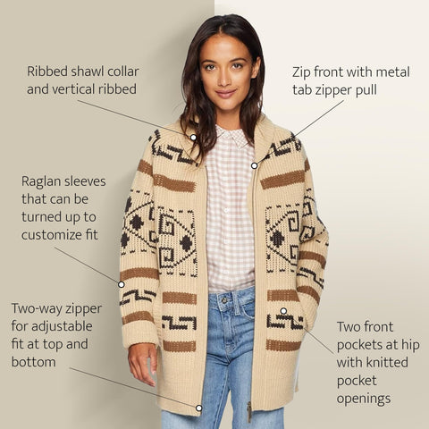 Pendleton Women’s Westerley, Cardigan Sweater, 100% Virgin Wool, Sweaters for Women, Heavy Cable Knitted Sweater - Tan/Brown