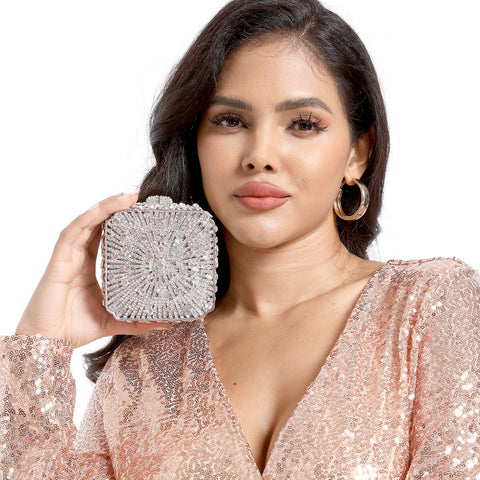 Boutique De FGG Women Metal Box Crystal Clutch Purse Evening Bag Wedding Bridal Rhinestone Handbags Party Clutch Bag,Mini,Silver Boutique De FGG