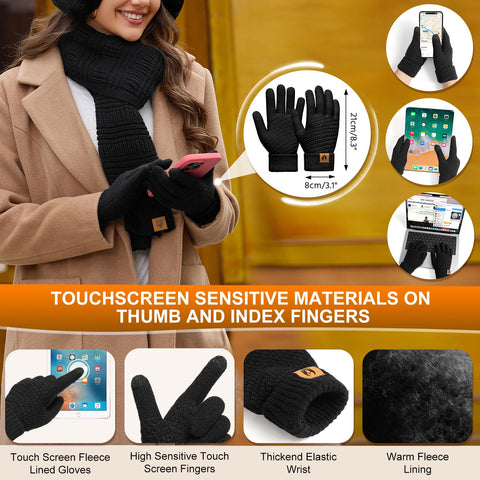 Jyanl Womens Winter Beanie Hat Scarf Gloves Set Fleece Hat Long Scarf Neck Warmer Ear muffs Fuzzy Socks 5 in 1 Knit Sets Jyanl
