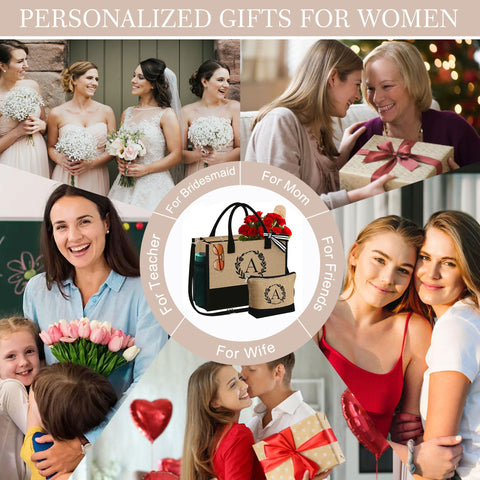 YOOLIFE Birthday Gifts for Women - Gifts for Women Her Initial S Jute Tote Bag w Makeup Bag Embroidery Monogram Mothers Day Birthday Gifts for Women Friends Teacher Mother Sisters Bride Wedding Gifts YOOLIFE