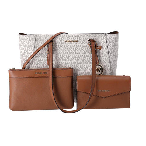 Michael Kors Charlotte Large Leather 3-in-1 Tote Crossbody Handbag Vanilla MK Michael Kors