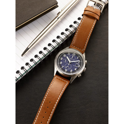 Citizen Men's Eco-Drive Weekender Garrison Chronograph Field Watch in Stainless Steel with Brown Leather strap, Blue Dial (Model: CA0621-05L) Citizen
