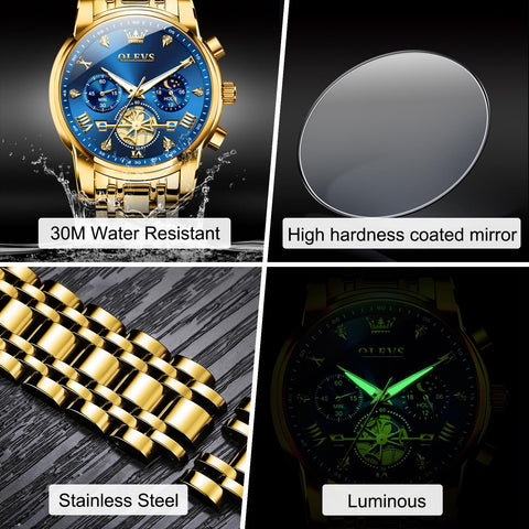 OLEVS Mens Gold Watches Dress Chronograph Watch Men Stainless Steel Diamond Multi-Function Men's Analog Watches Quartz Luxury Moon Phase Casual Blue Large Face Watch for Men Luminous Easy to Read