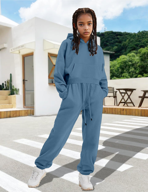 AGERWAY Clothes for Girls Sweatsuit Fall Winter Clothing Sets Fashion Hoodie Sweatshirts and Pants Sets 2Pcs Kids Clothes Girls Outfits Size 7/8 Grey Blue