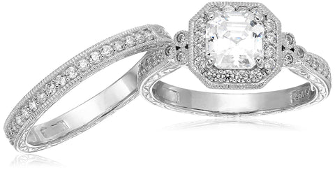 Amazon Essentials Platinum Plated Sterling Silver Infinite Elements Cubic Zirconia Asscher Antique Ring, Size 9 (previously Amazon Collection) Amazon Essentials