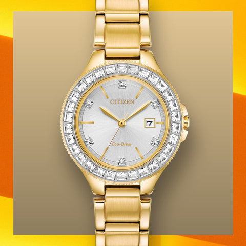 Citizen Women's Eco-Drive Dress Classic Crystal Watch in Gold-tone Stainless Steel, Silver Dial (Model: FE1192-58A) Citizen