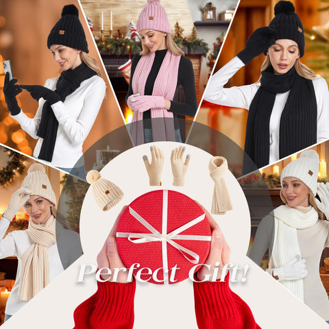 Coolprince Womens Long Scarf Gloves and Hat Set Cold Weather Hat Scarf Glove Set for Women Winter Beanie Hats with Pom Pom Apricot Coolprince