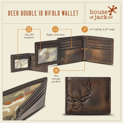 House of Jack Co. DEER Bifold Wallet for Men | Extra Capacity Two ID Windows | Full Grain Leather With Hand Burnished Finish | Multi Card Capacity | Deer Men's Wallet House of Jack Co.