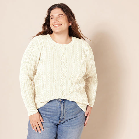 Amazon Essentials Women's Soft Fisherman Cable Long-Sleeve Crewneck Sweater (Available in Plus Size), Cream, Medium