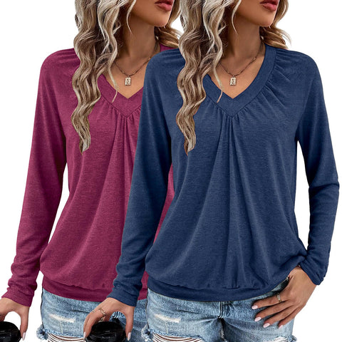 AIZHINENG 2 Pack Women Tops Long Sleeve Shirts V Neck Loose Fit Soft Casual Solid Color T-Shirts Fall Clothing