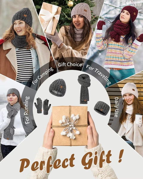 Women Beanie Scarf Gloves Headband Set for Winter, Chenille Beanie Hats Ear Warmer with Fleece Lined Knit Scarf Touchscreen Gloves, Fashion 4 in 1 Warm Xmas Gift Set for Cold Weather-Gray Winuesa