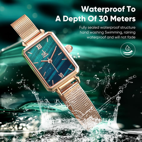 SK Dainty Women's Wrist Watch: Green Malachite Dial,Beautiful Bracelet, Wrapped by Stylish Gift Box, Elegant Present for Ladies and Loved Ones claities