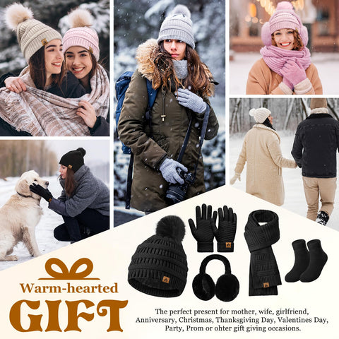 Jyanl Womens Winter Beanie Hat Scarf Gloves Set Fleece Hat Long Scarf Neck Warmer Ear muffs Fuzzy Socks 5 in 1 Knit Sets Jyanl