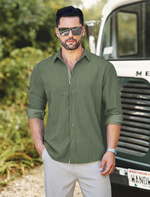 MAPICK Mens Denim Shirt Business Casual Long Sleeve Shirts Button Down Untucked Clothing(Army Green,X-Large)