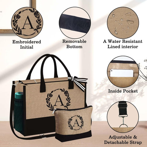 YOOLIFE Birthday Gifts for Women - Gifts for Women Her Initial S Jute Tote Bag w Makeup Bag Embroidery Monogram Mothers Day Birthday Gifts for Women Friends Teacher Mother Sisters Bride Wedding Gifts YOOLIFE