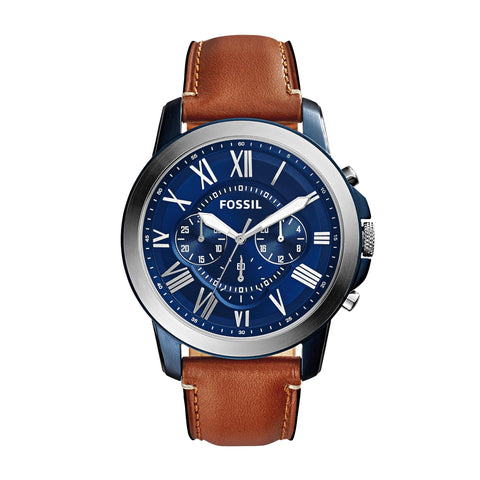 Fossil Men's Grant Quartz Stainless Steel and Leather Chronograph Watch, Color: Silver/Blue, Luggage (Model: FS5151) Fossil