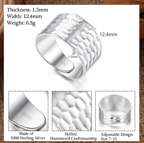 Milacolato S990 Sterling Silver Handmade Wide Band Ring High Polished Handmade Dome Ring Hammered Band Ring for Women Men, Adjustable to Size 7-11 MILACOLATO